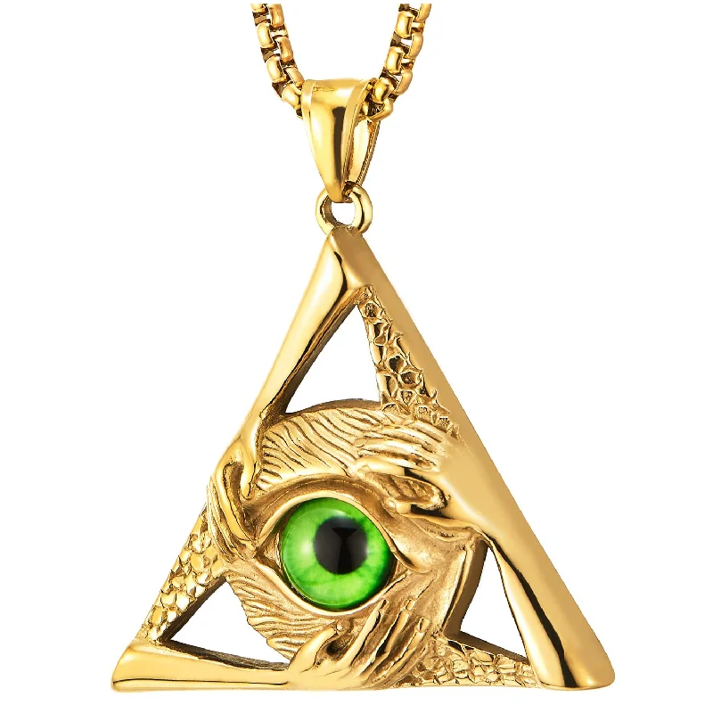 Steel Vintage Green Evil Eye Protection Hands Gold Triangle Pendant Necklace Men Women 28 Inch Chain