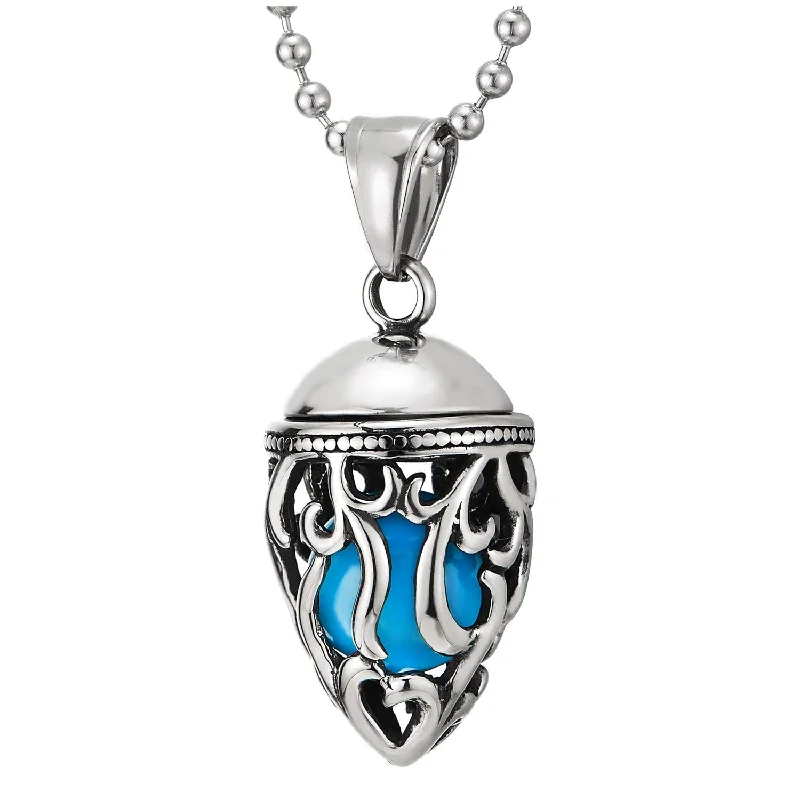 gothic-inspired talon necklace-Steel Vintage Pinecone Filigree Screw-off Locket Pendant with Blue Cat Eye Bead, Necklace Men Women