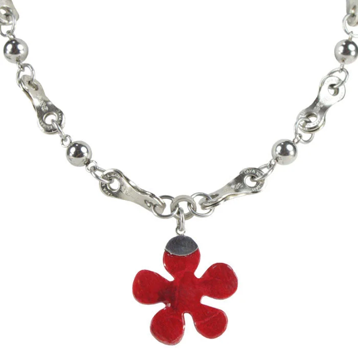 Sterling Silver & Red Coral Flower Pendant Necklace