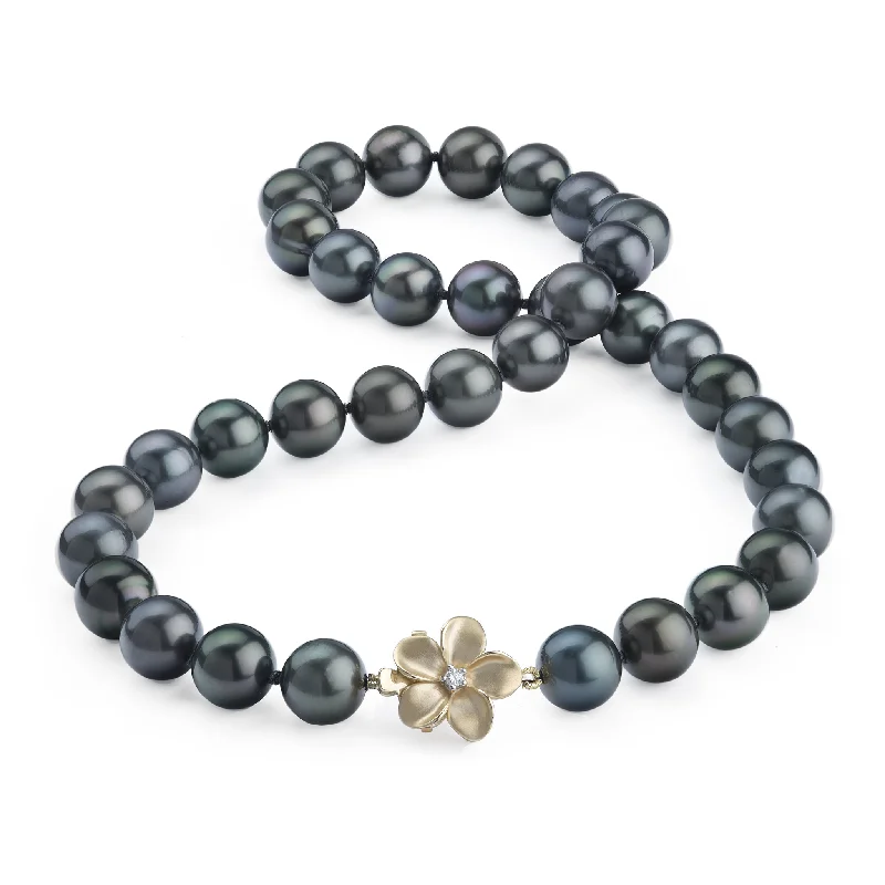 minimalist heptagon necklace-18-19" Tahitian Black Pearl Strand with Diamond Plumeria Clasp in Gold - 11-12mm