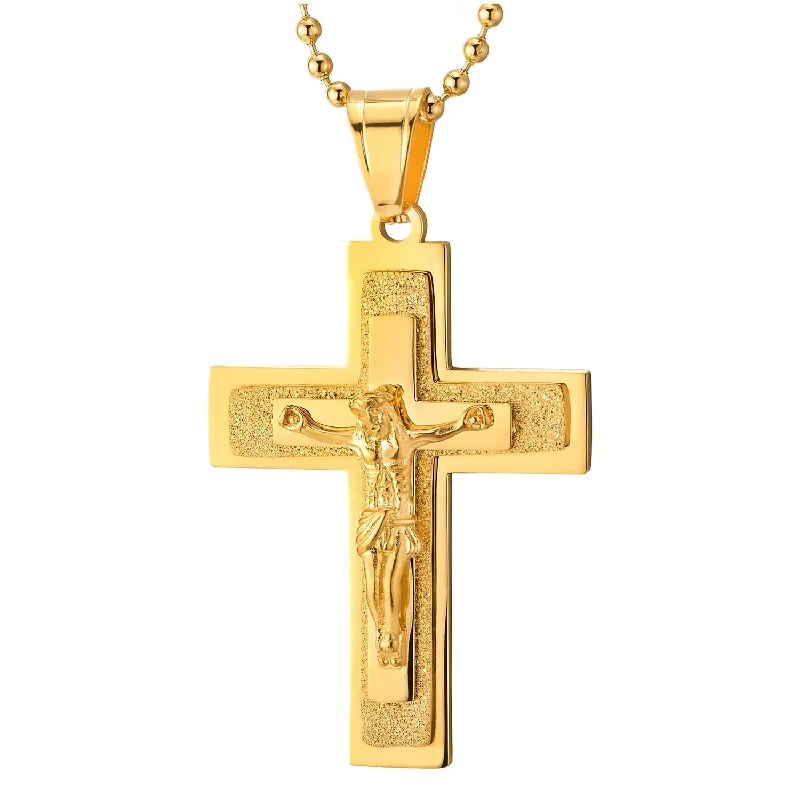 vintage-style tanzanite necklace-Tri-Layer Stainless Steel Gold Color Jesus Christ Crucifix Cross Pendant Necklace Men Women