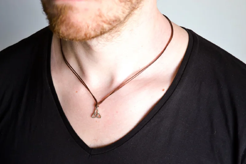 polished rose layered necklace-Silver Trinity necklace for men, brown cord, gift for him