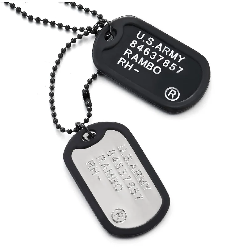 Two-Pieces Mens Military Army Dog Tag with Black Silicone Pendant Necklace, 28 inches Ball Chain