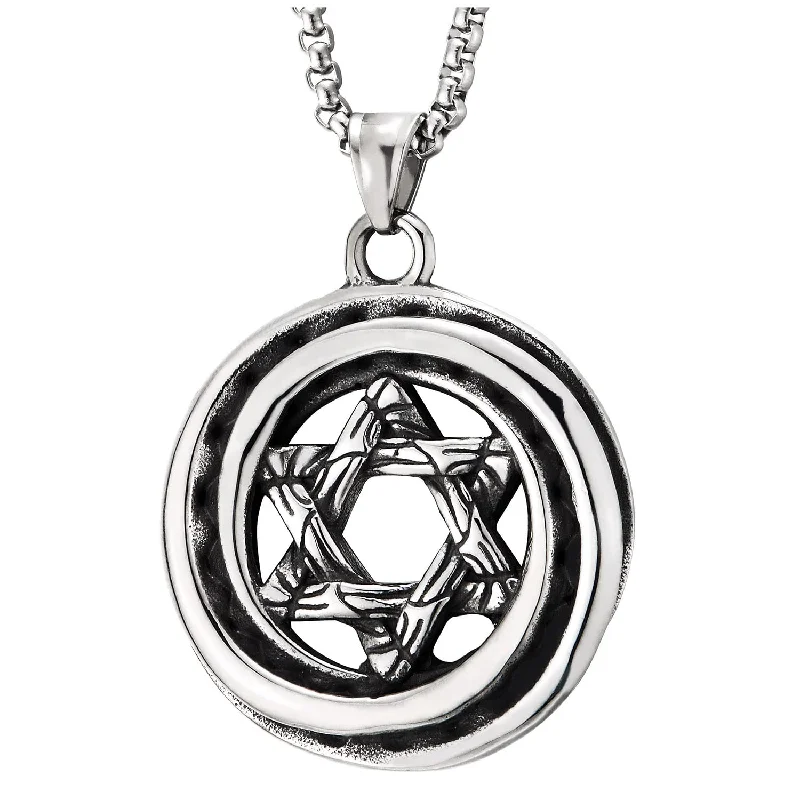 Vintage Steel Swirl Circle and Textured Star of David Pendant Necklace , 30 inches Wheat Chain