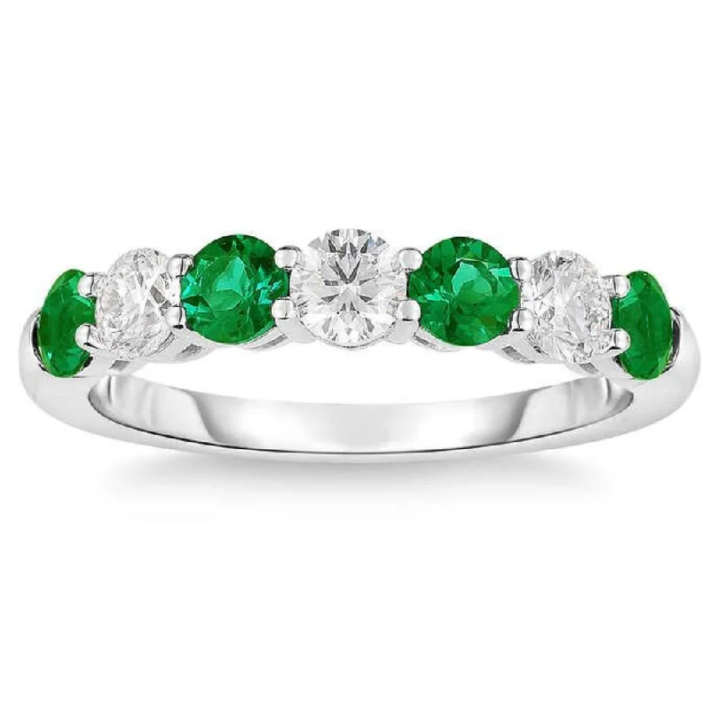 antiqued rose eternity ring-1 1/2Ct TW Round Diamond & Created Emerald Wedding Anniversary Ring in 14k Gold