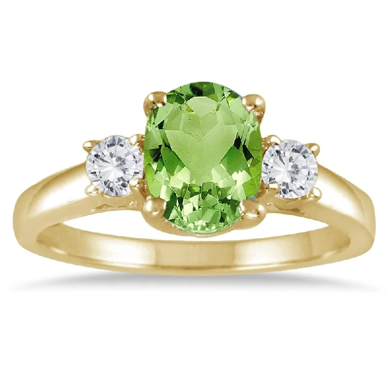 minimalist arrowhead ring-1 3/4 Carat Peridot and Diamond Three Stone Ring 14K Yellow Gold