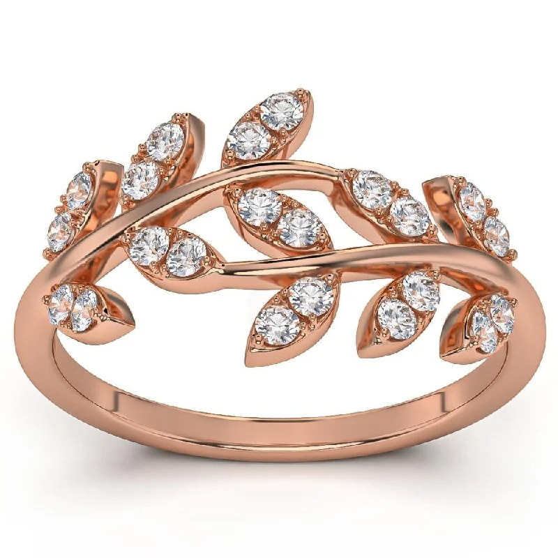 polished silver stack ring-1/3Ct Diamond Wedding Stackable Ring Vine Petal Leaf White Yellow or Rose Gold