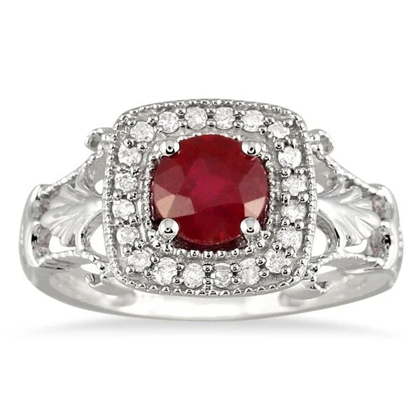 modern sleek twist ring-1 Carat Ruby and Diamond Antique Halo Ring in 10K White Gold