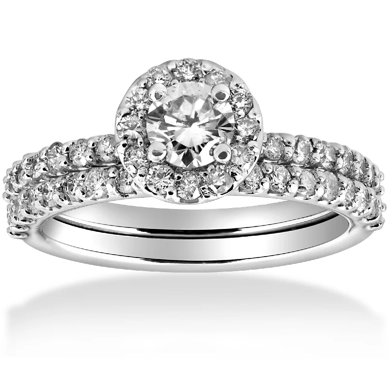 floral-inspired alexandrite ring-1 cttw Diamond Round Halo Engagement Wedding Ring Set 14k White Gold