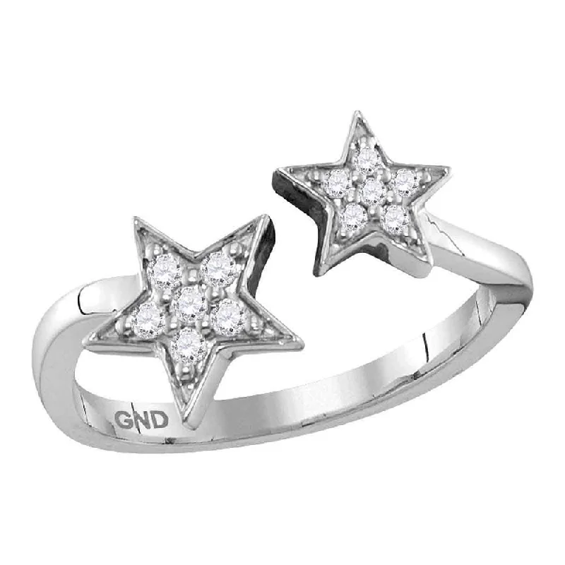 gothic-inspired fang ring-10kt White Gold Womens Round Diamond Bisected Double Star Open Ring 1/8 Cttw