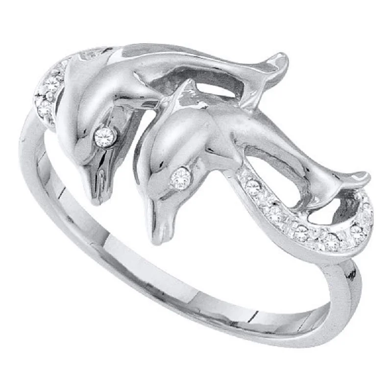 vintage-style sapphire ring-10kt White Gold Womens Round Diamond Double Dolphin Accent Ring 1/20 Cttw