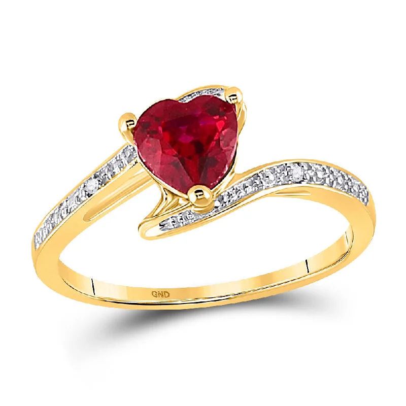 polished bronze band ring-10kt Yellow Gold Womens Heart Lab-Created Ruby Solitaire Diamond-accent Bypass Ring 1 Cttw