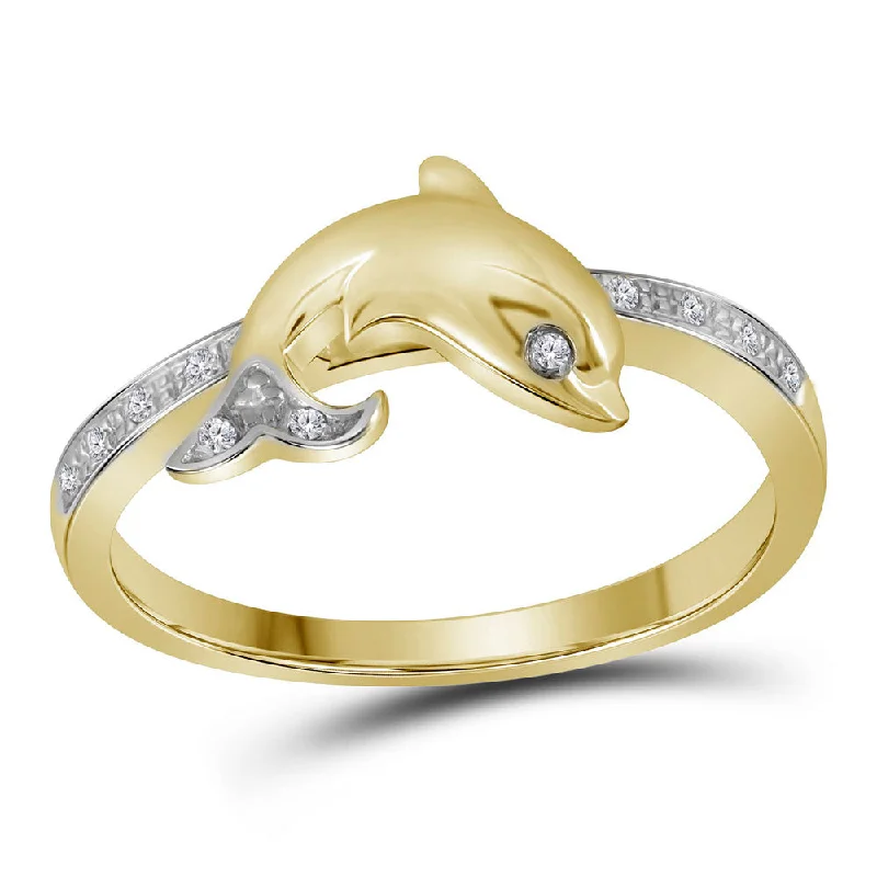 gothic-inspired batwing ring-10kt Yellow Gold Womens Round Diamond Slender Dolphin Animal Fish Ring 1/20 Cttw