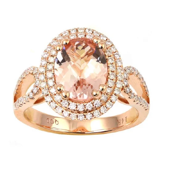 polished gold twist ring-10X8MM Oval Morganite and Diamond Halo Engagement Ring in 14KT Rose Gold