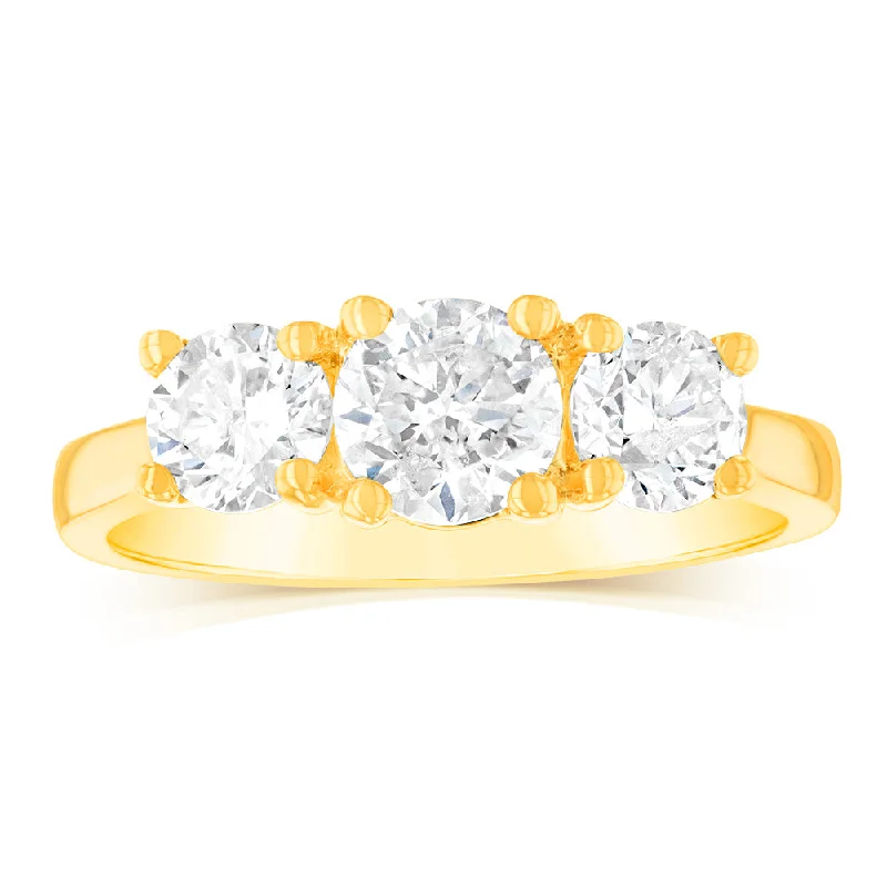 artisan-crafted silver ring-14ct Yellow Gold 1.5 Carat Diamond Trilogy Ring with 3 Round Brilliant Cut Diamonds