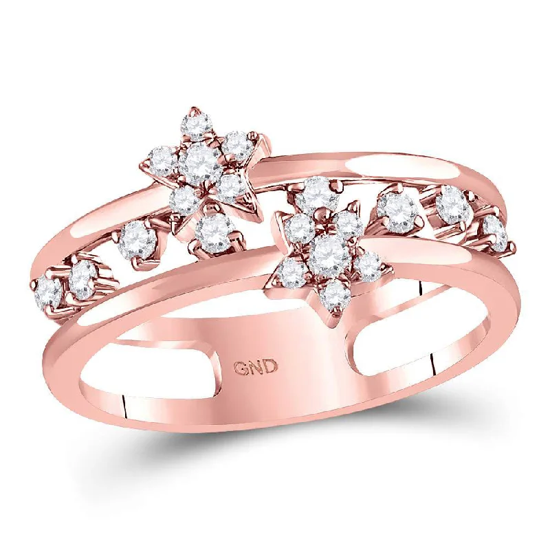 engraved legacy band ring-14kt Rose Gold Womens Round Diamond Open Double Star Band Ring 1/3 Cttw