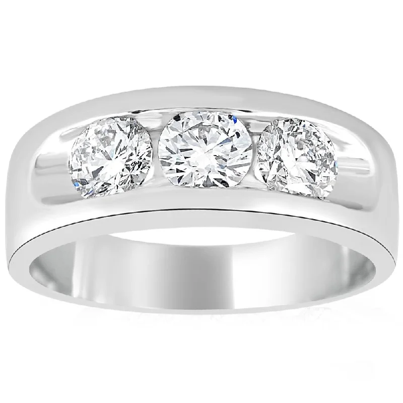 engraved trust ring-2 1/4Ct Diamond Men's Three Stone Ring 10k White Gold Lab Grown