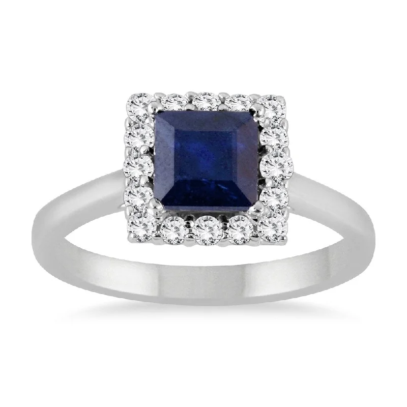 polished gold twist ring-2 Carat Sapphire and Diamond Princess Halo Ring in 14K White Gold