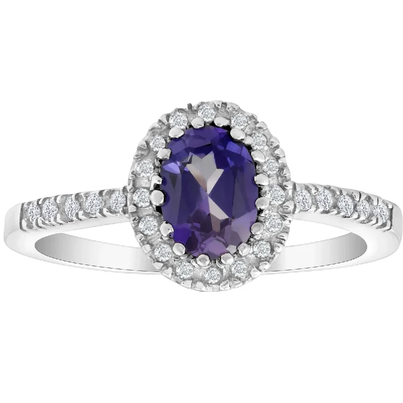 minimalist ridge ring-3/4 Ct Diamond Oval Halo Amethyst Ring 14k White Gold