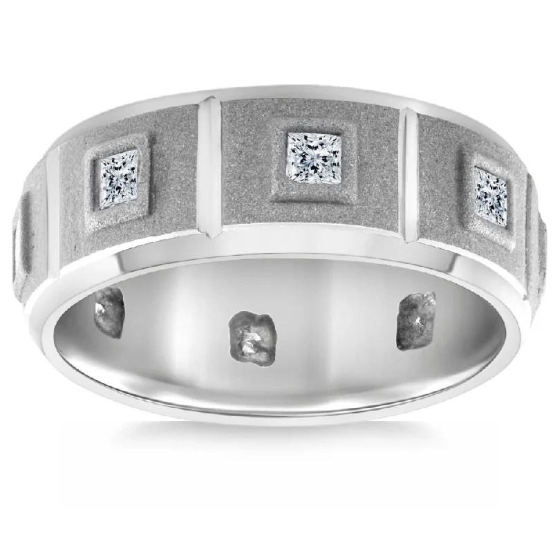 engraved bond band ring-3/4Ct Men's Princess Cut Diamond Brushed Wedding Ring 14k Gold Lab Grown 7MM