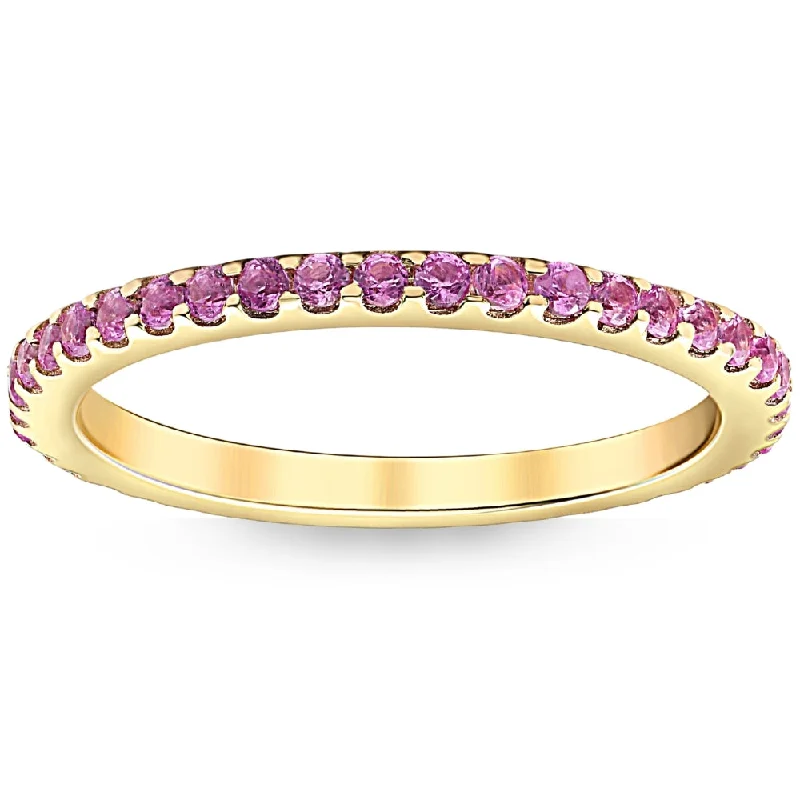 modern stacked kyanite ring-3/4Ct Pink Sapphire Stackable Ring Wedding Band 10k Yellow Gold