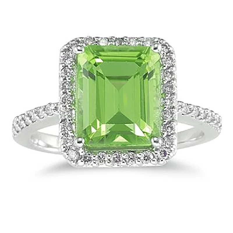 engraved vow ring-4 1/2 Carat Emerald Cut Peridot and Diamond Ring 14K White Gold