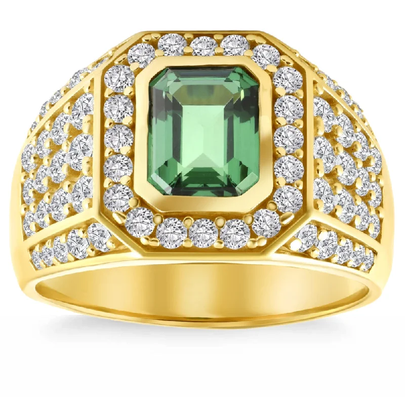 vintage-inspired agate ring-4 1/2Ct Emerald & Diamond Men's Ring 10k Yellow Gold Lab Grown