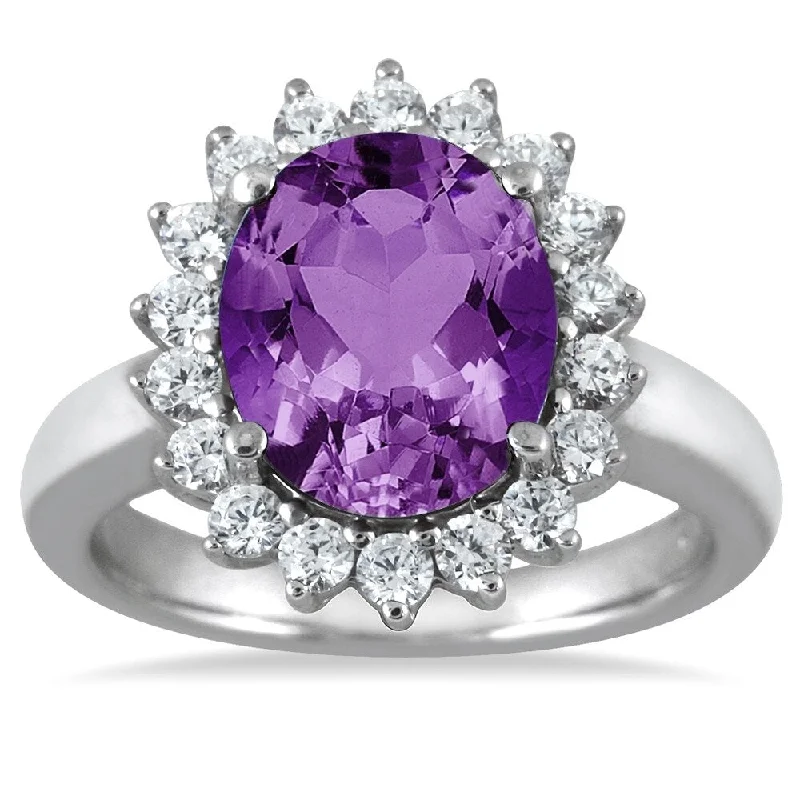 raw tanzanite accent ring-4 Carat Amethyst and Diamond Ring in 14K White Gold