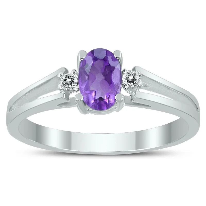 boho-inspired agate ring-6X4MM Amethyst and Diamond Open Three Stone Ring in 10K White Gold