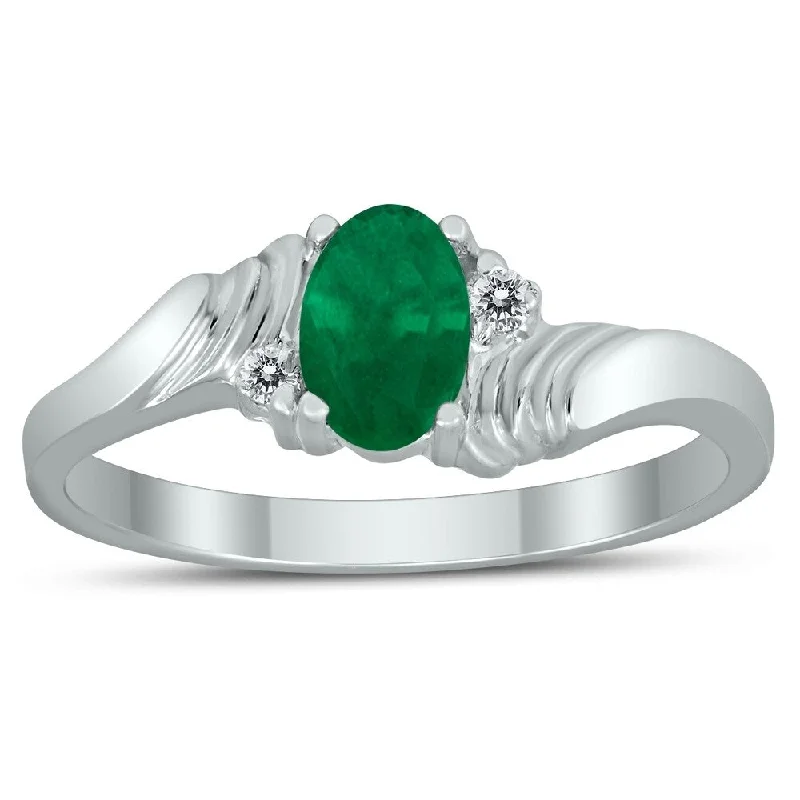 engraved bond band ring-6X4MM Emerald and Diamond Wave Ring in 10K White Gold