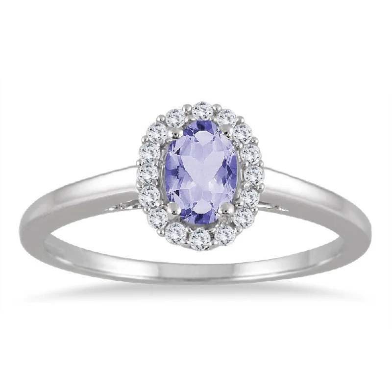 vintage-inspired spinel ring-6x4MM Oval Tanzanite and Diamond Halo Ring in 10K White Gold