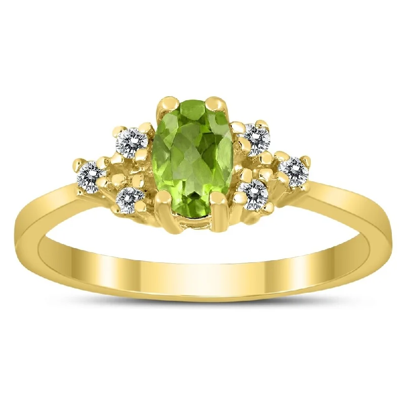 modern channel-set ruby ring-6X4MM Peridot and Diamond Regal Ring in 10K Yellow Gold