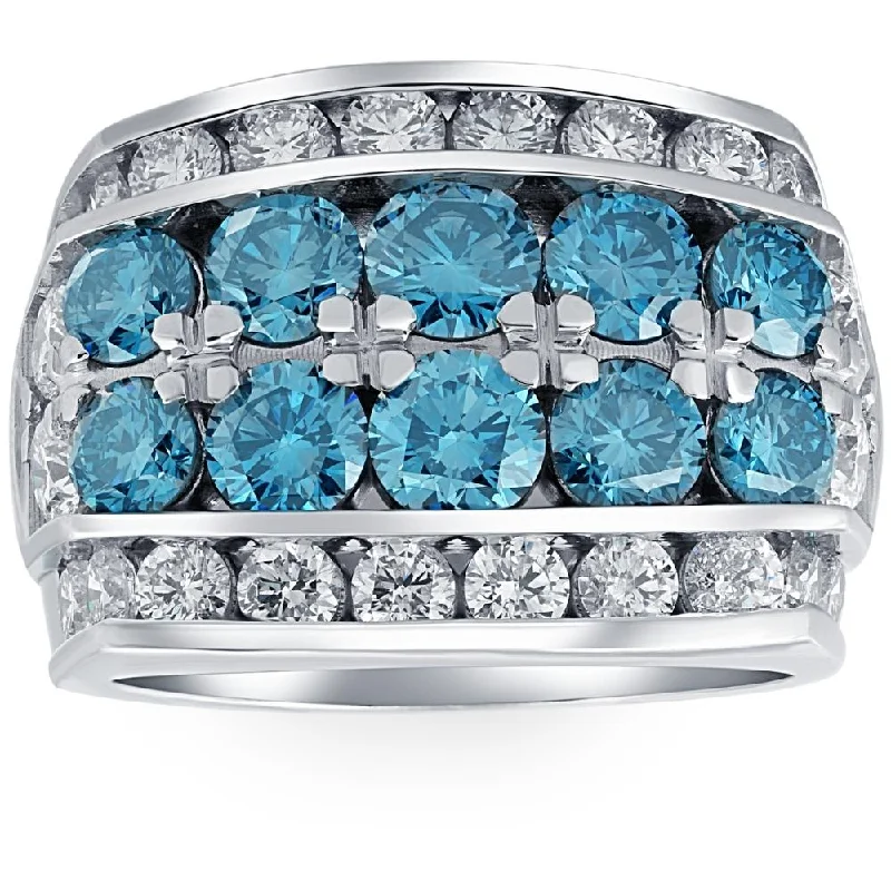 bold opal ridge ring-7Ct Blue Diamond Men's Four Row Anniversary Ring in 10k White Gold