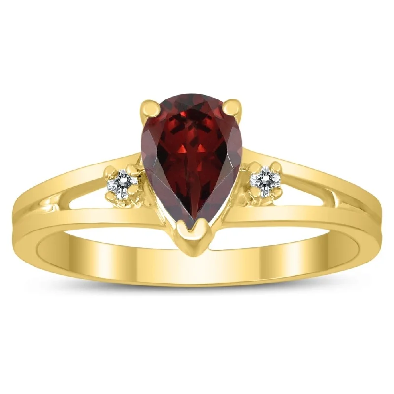 engraved legacy band ring-7X5MM Garnet and Diamond Pear Shaped Open Three Stone Ring in 10K Yellow Gold