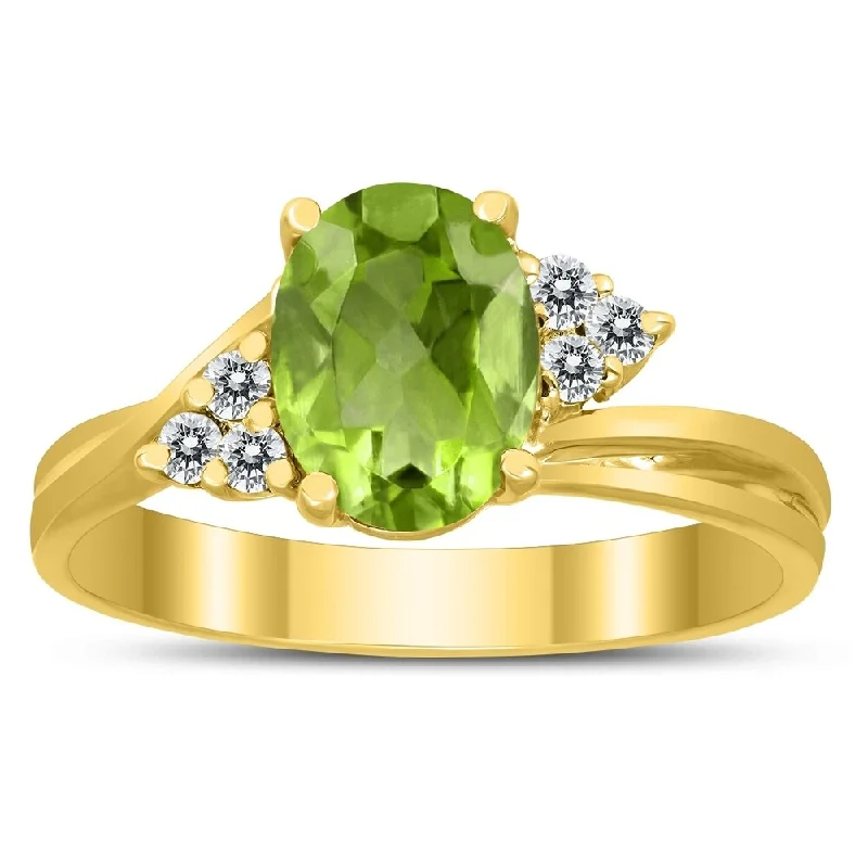 bohemian crest ring-8X6MM Peridot and Diamond Twist Ring in 10K Yellow Gold