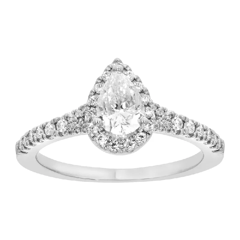 timeless radiant-cut diamond ring-9ct White Gold 1 Carat Pear Cut Diamond Solitaire Ring with Brilliant Halo and Sides