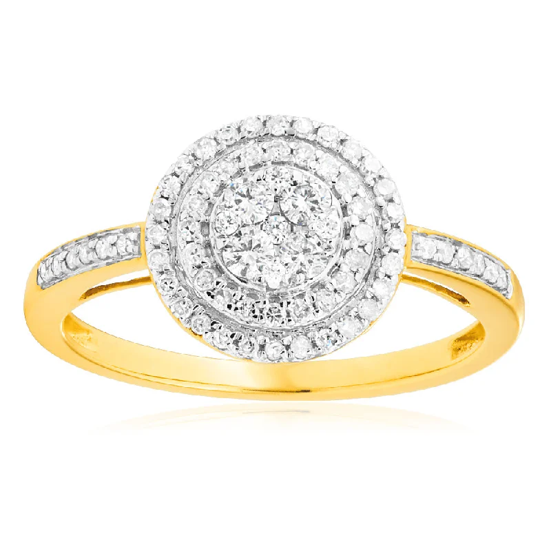 polished silver orbit ring-9ct Yellow Gold 1/2 Carat Halo Diamond Ring