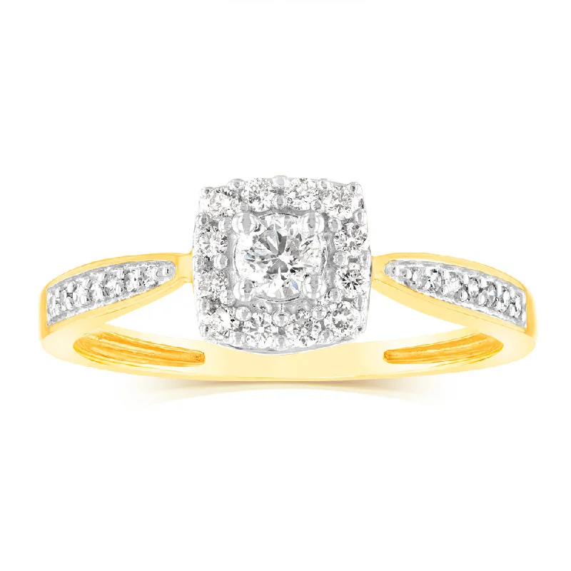 gothic-inspired talon ring-9ct Yellow Gold 1/3 Carat Diamond Halo Solitaire Ring with 12 Side Diamonds