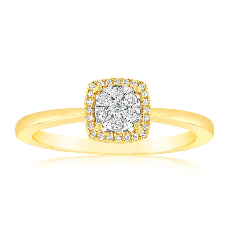 floral-inspired spinel ring-9ct Yellow Gold 1/6 Carat Diamond Cluster Halo Ring