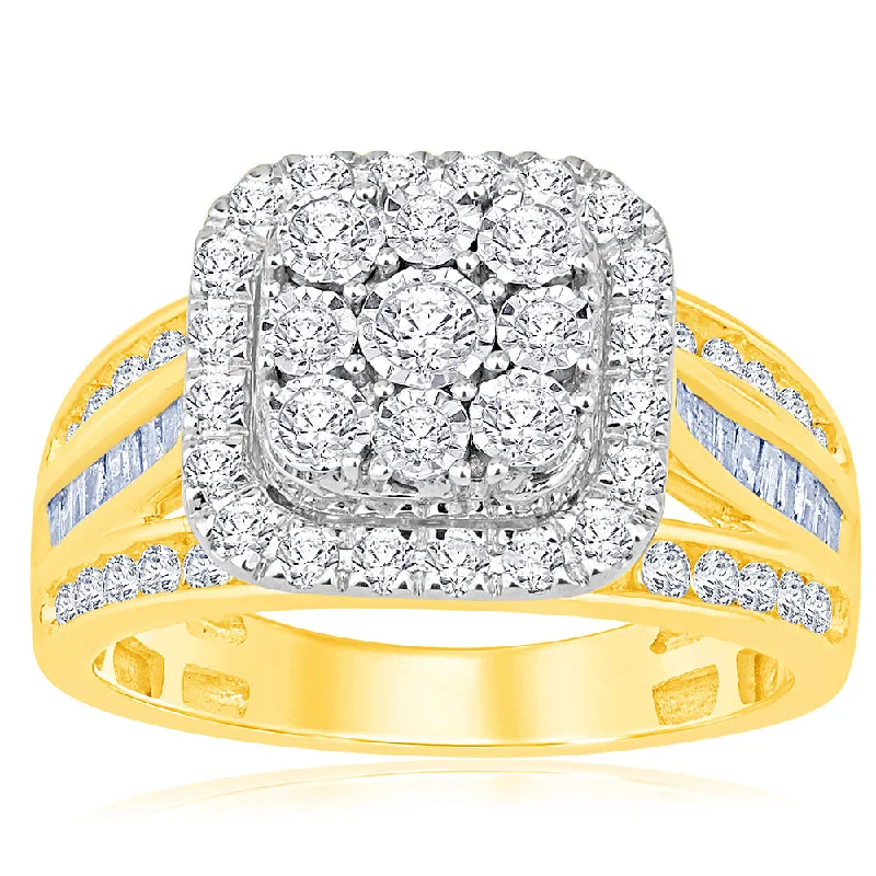 minimalist crest ring-9ct Yellow Gold 1 Carat Diamond Cushion Cluster Ring