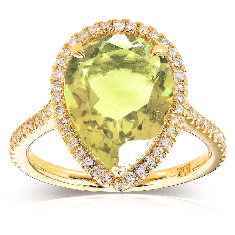 raw tanzanite accent ring-Annello by Kobelli 10k Yellow Gold Pear-shape Lime Quartz and 1/3ct TDW Diamond Halo Ring