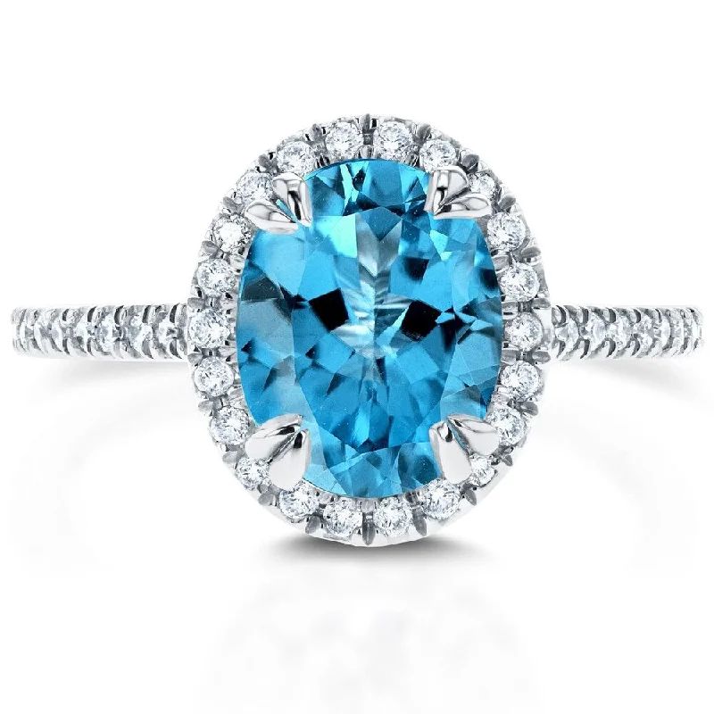 adjustable talon ring-Annello by Kobelli 14k Gold 2 1/4ct TGW Oval Cut Swiss Blue Topaz and Diamond Halo Gemstone Ring