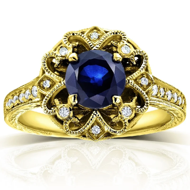 polished rose twist ring-Annello by Kobelli 14k Gold 6.5mm Round Blue Sapphire and 1/5ct TDW Diamond Edwardian Antique Ring