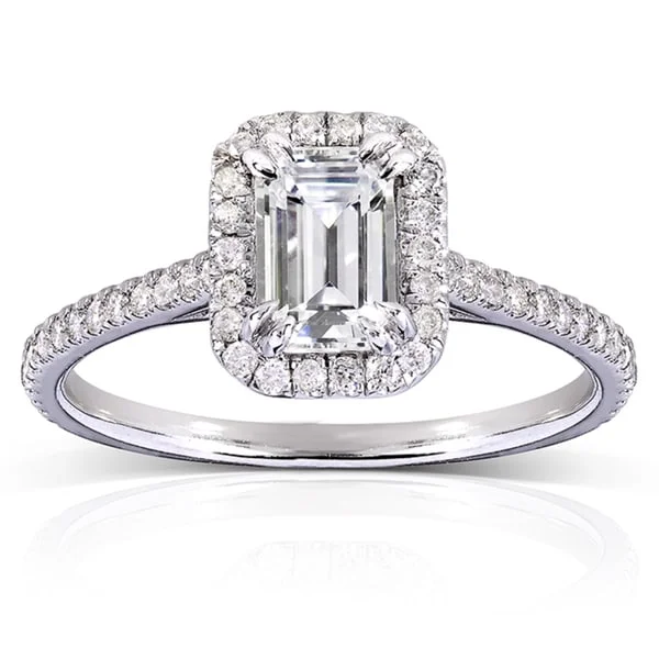 gothic-inspired talon ring-Annello by Kobelli 14k White Gold 1 1/3ct TGW Emerald-cut Moissanite and Diamond Halo Engagement Ring