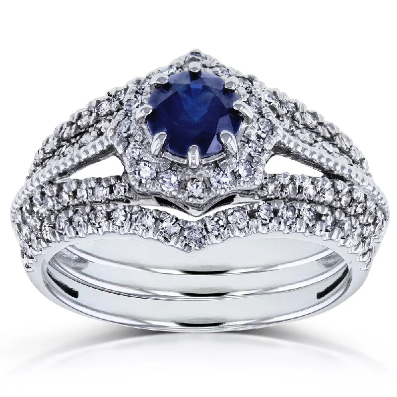 vintage-inspired spinel ring-Annello by Kobelli 14k White Gold 1 1/3ct TGW Sapphire and Diamond Star Halo 8-Prong Bridal Set, 3pc