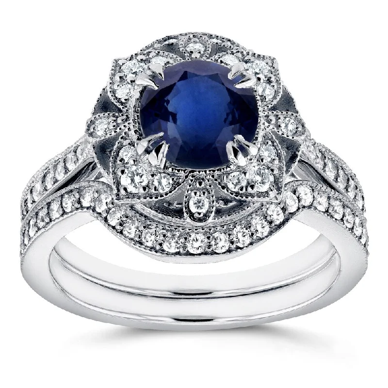 modern sleek twist ring-Annello by Kobelli 14k White Gold 1 3/4ct TCW Sapphire and Diamond 2-Piece Floral Antique Bridal Set