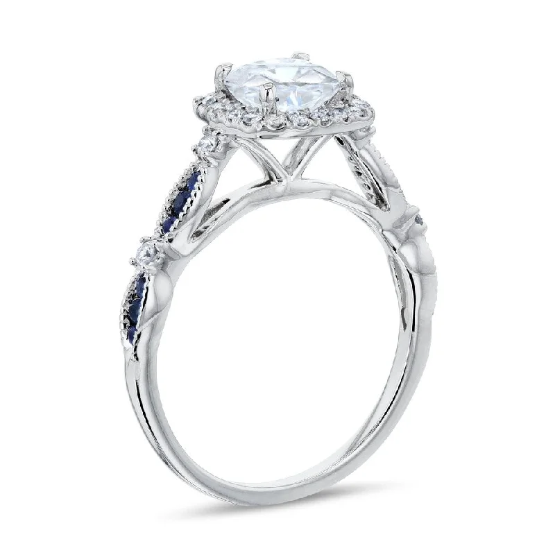 modern fused-stack ring-Annello by Kobelli 14k White Gold 1ct Round Forever One Moissanite Blue Sapphire and White Diamond Engagement Ring, 1-1/3ct TGW