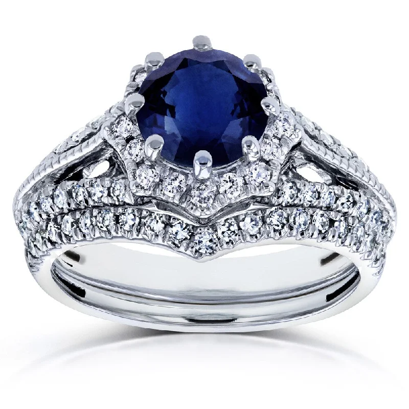 modern orbit diamond ring-Annello by Kobelli 14k White Gold Blue Sapphire and 1/2ct TDW Diamond Star Halo Bridal Set (H-I, I1-I2)