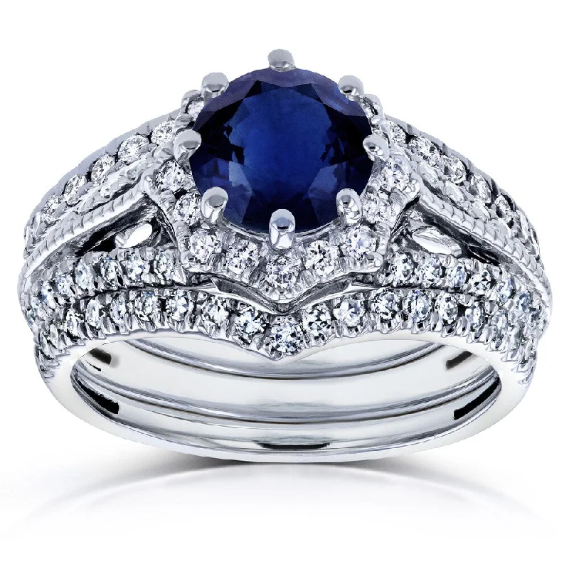 quad-stone promise ring-Annello by Kobelli 14k White Gold Blue Sapphire and 5/8ct TDW Diamond Star Halo 3-Ring Bridal Set (H-I, I1-I2)