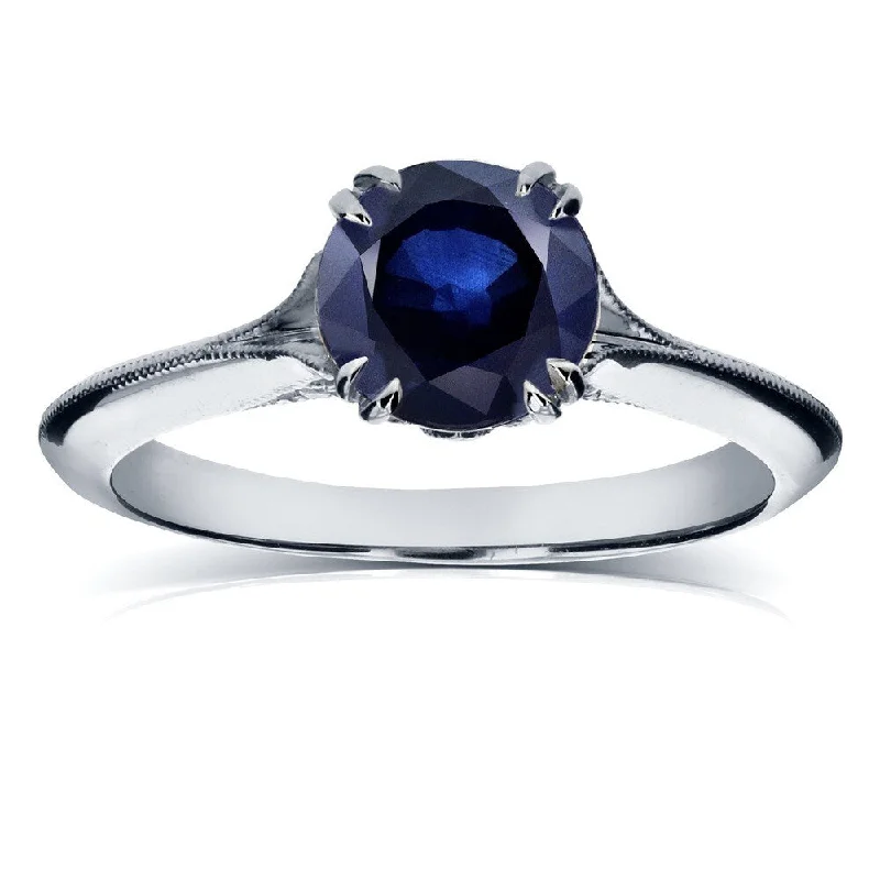 floral eternity garnet ring-Annello by Kobelli 14k White Gold Blue Sapphire and Diamond Antique Flower Head Soft Knife Edge Ring